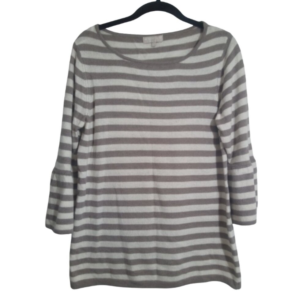 Benedetta B Sweater Sz L Pullover Brown Ivory Stripes 3/4 Bell Sleeves Soft Wool